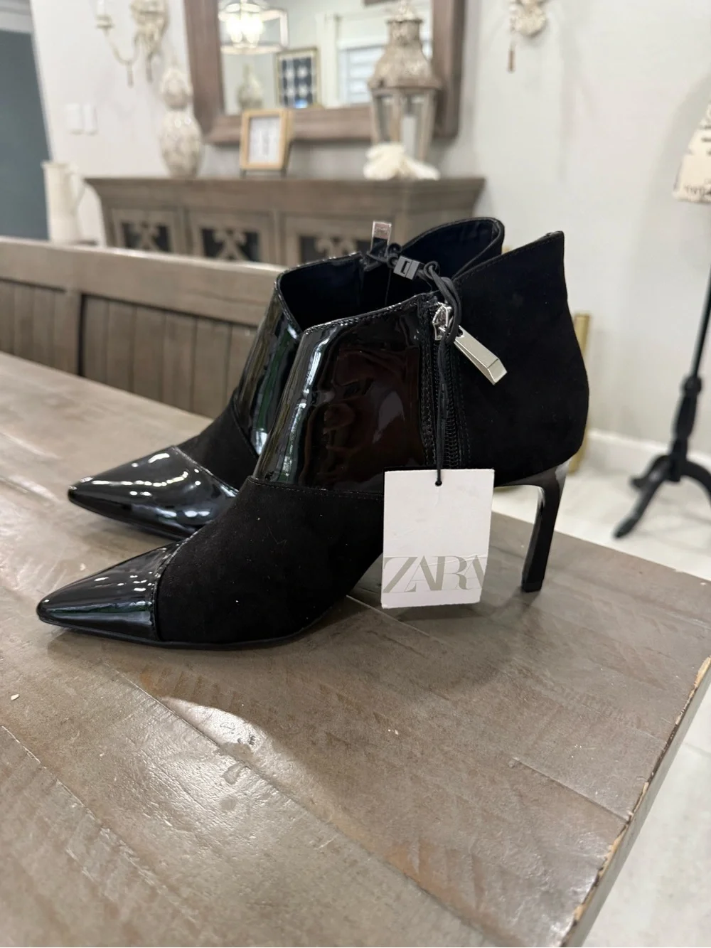 ZARA Black Pointed Toe Patent & Suede Ankle Booties NWT Women’s